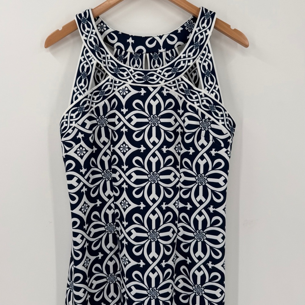 Gretchen Scott Jersey Isosceles Dress Medium Navy White Geometric Sleeveless - Picture 2 of 8